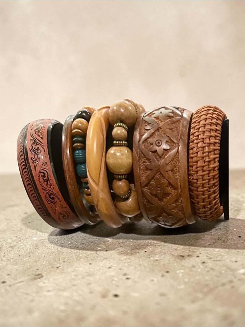 Vintage Wooden Bangle Bracelet Stack Boho Carved Beaded Chunky Statement Lot
